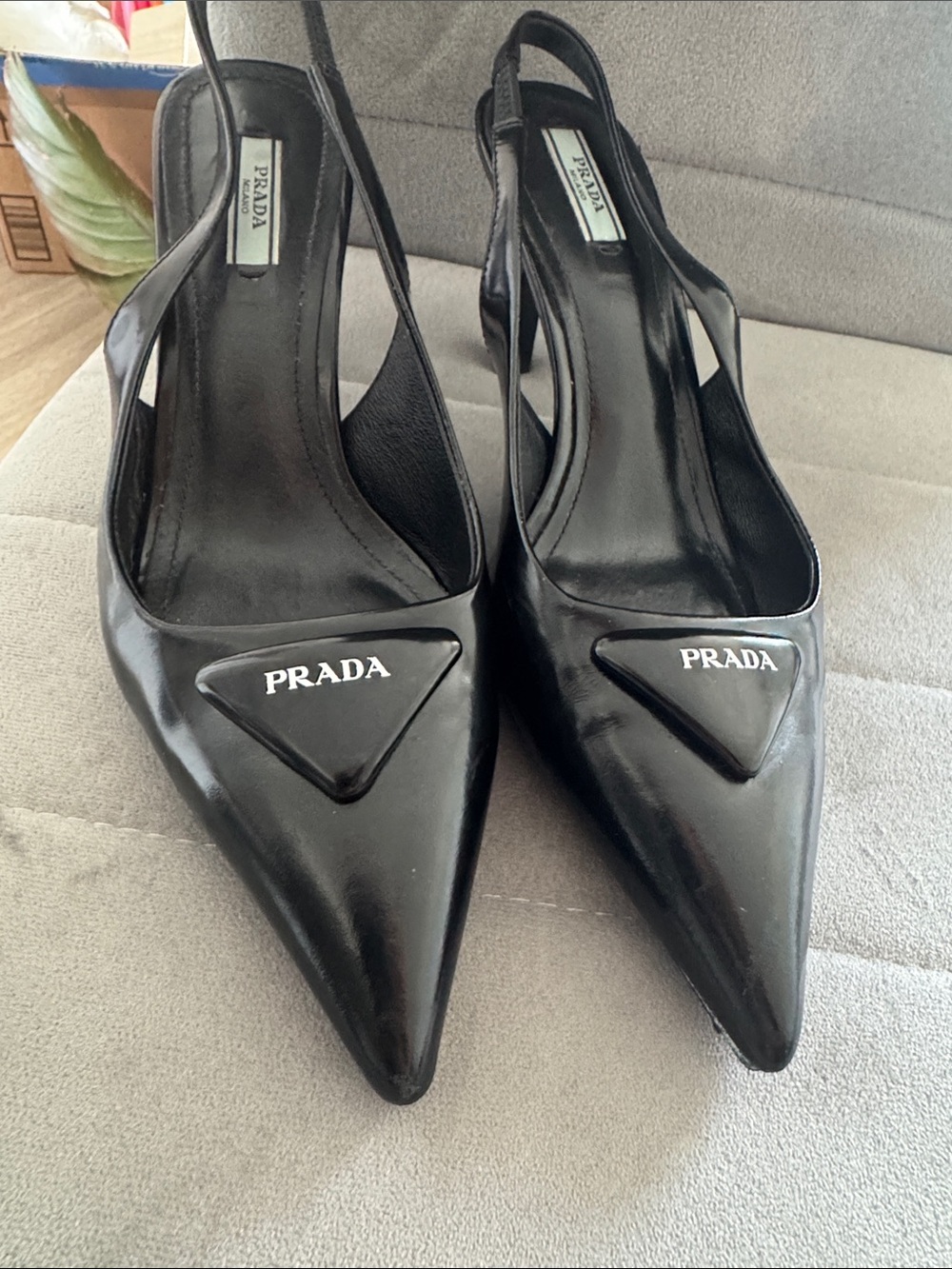 Prada Black Patent Leather Pointed Slingback Mules with Logo Plaque - Picture 4 of 5